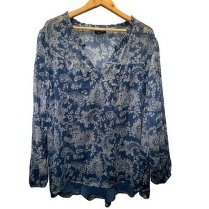City Chic Long Sleeve Top Womens M/18 Indigo Blue Paisley V Neck Flowy Blouse